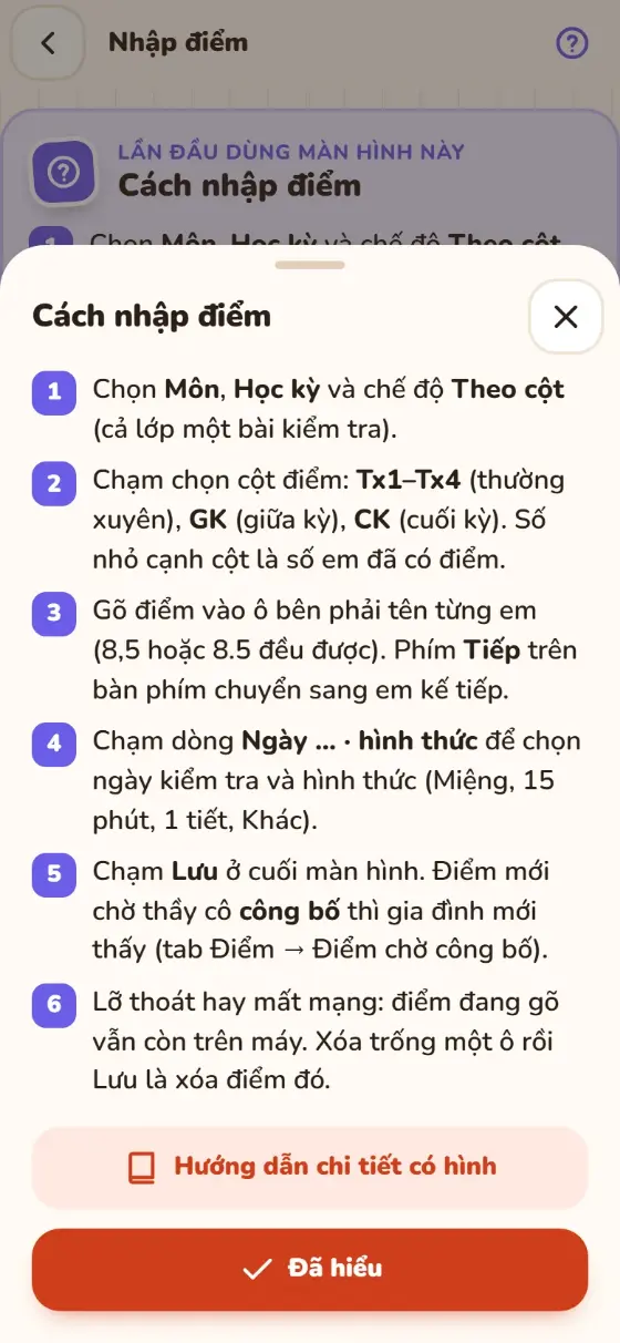 Bảng các bước (nút ?)