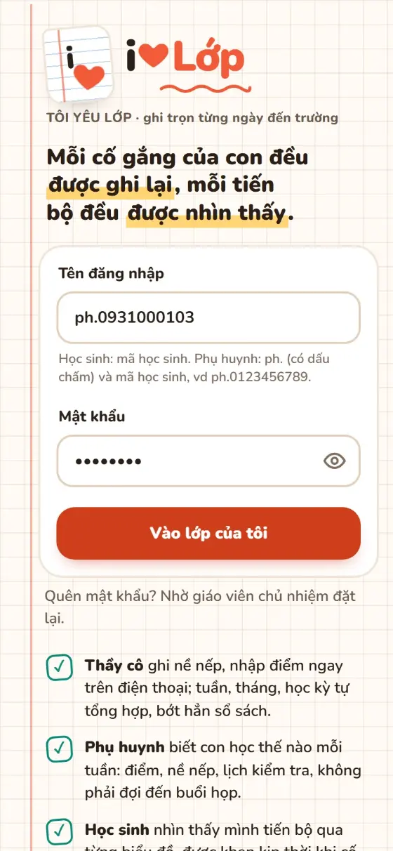 Đã điền tên đăng nhập phụ huynh