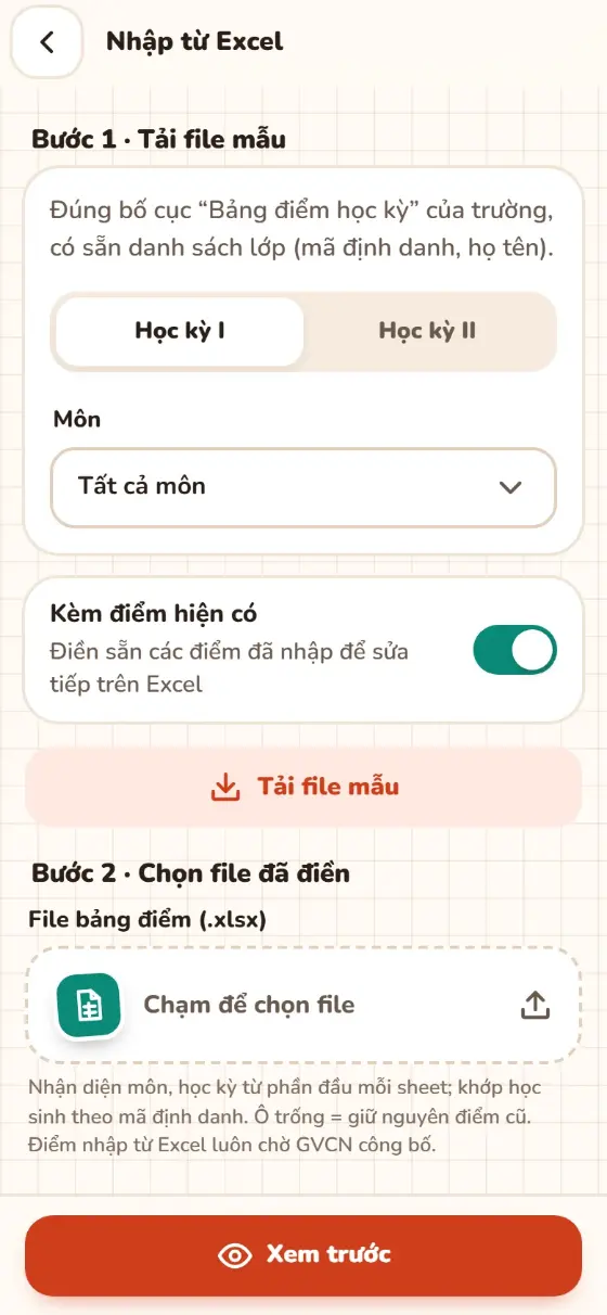 Nhập điểm từ Excel