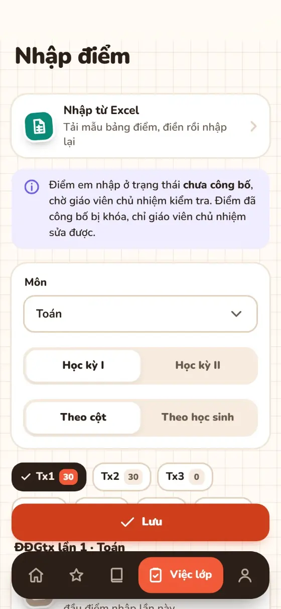 Màn hình nhập điểm của em