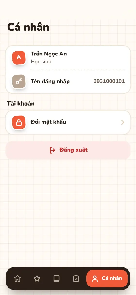 Tab Cá nhân: Đổi mật khẩu, Đăng xuất