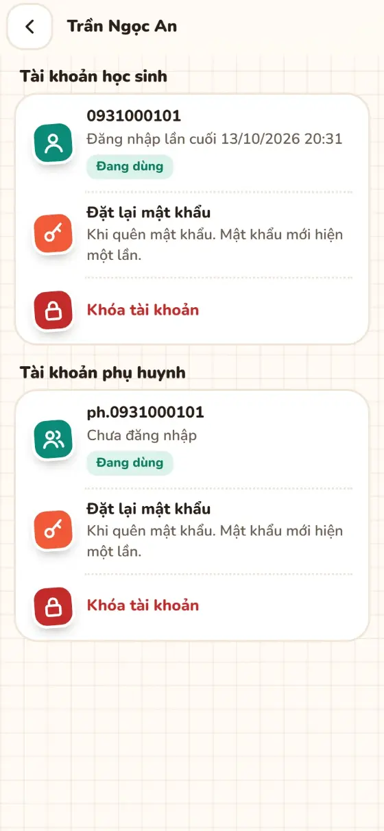 Tài khoản của một học sinh