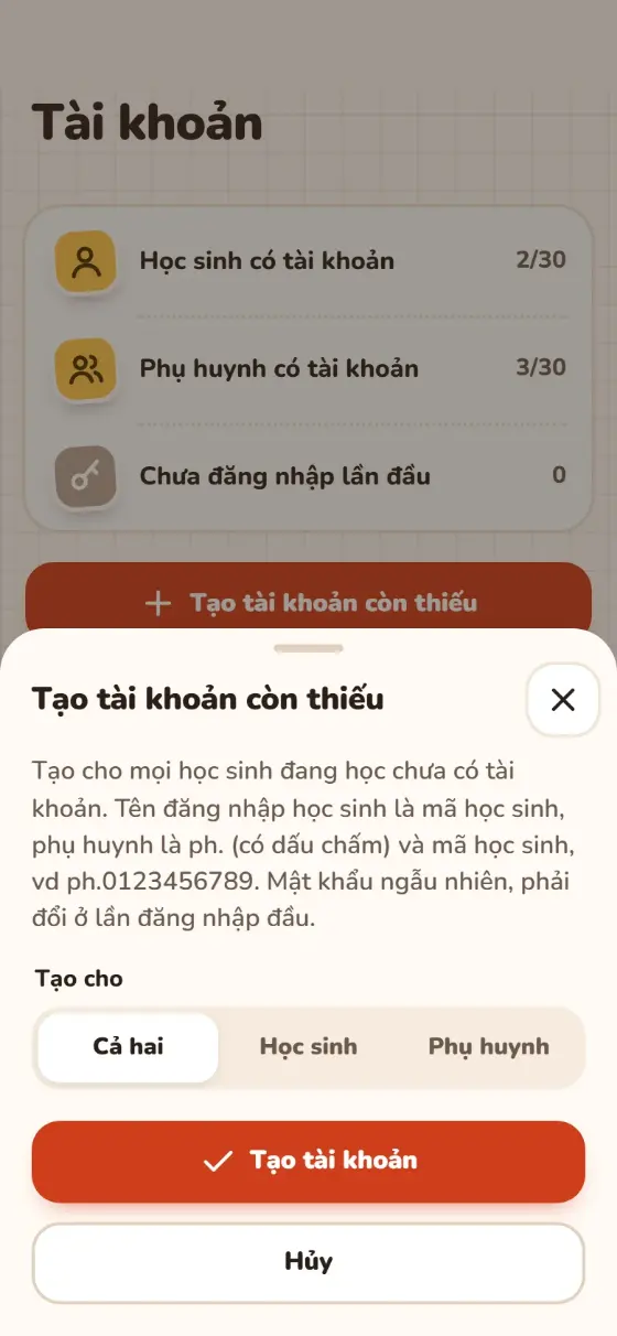 Tạo tài khoản còn thiếu