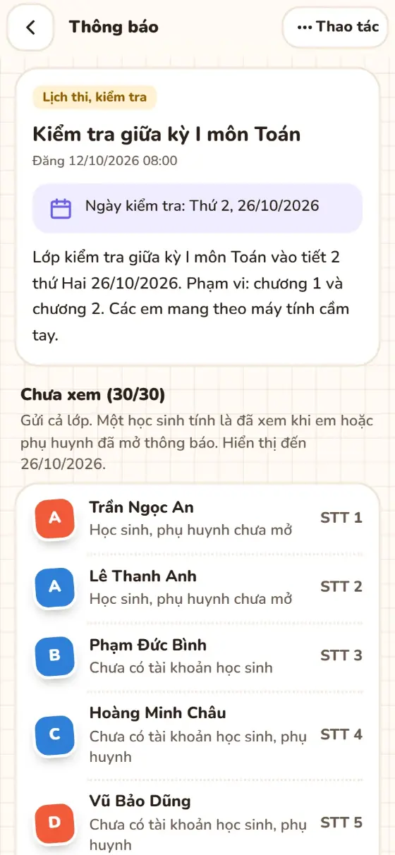 Chi tiết thông báo, danh sách chưa xem