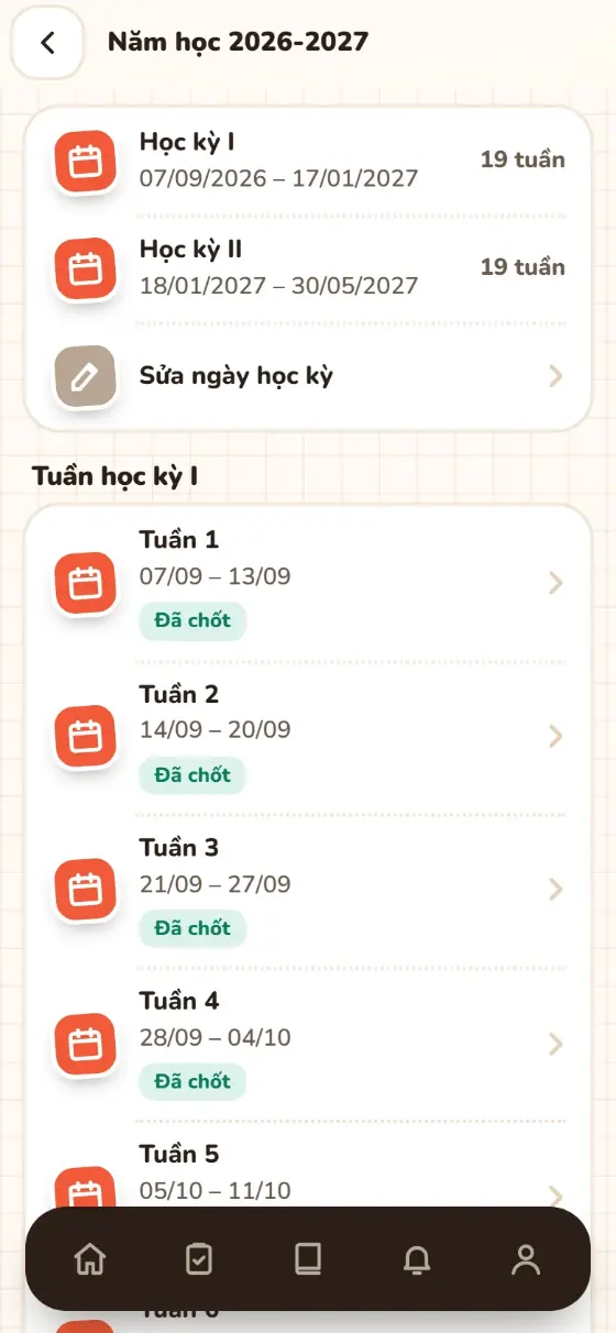 Danh sách học kỳ và tuần