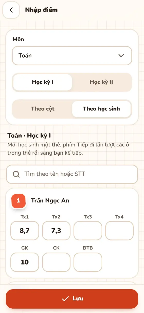 Nhập theo học sinh