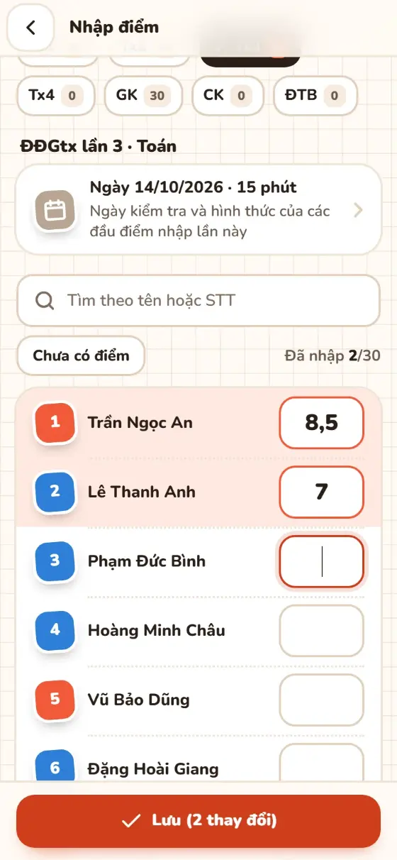 Gõ điểm rồi Lưu