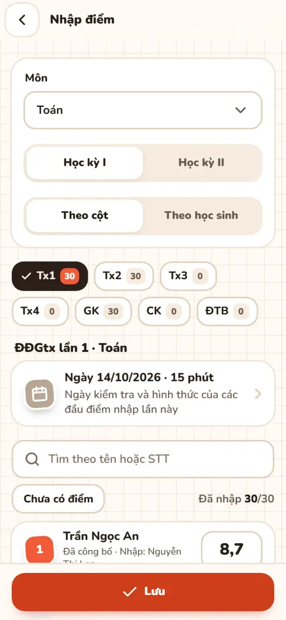 Chọn môn, học kỳ, cột