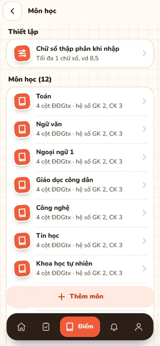 Danh sách môn học của lớp