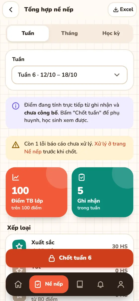 Tổng hợp tuần, nút Chốt tuần